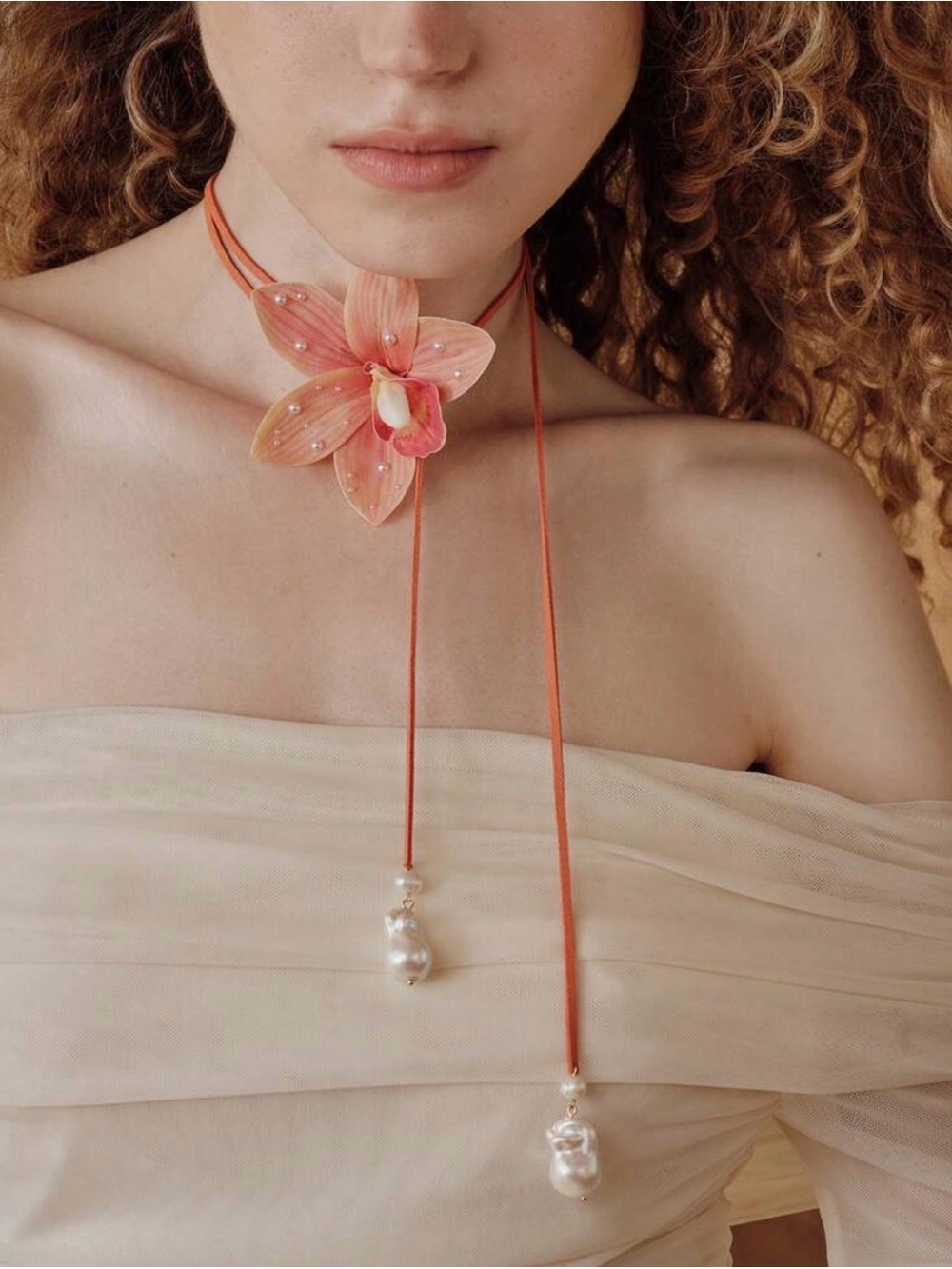 Coral Orchid Choker Necklace with Pearl Drops